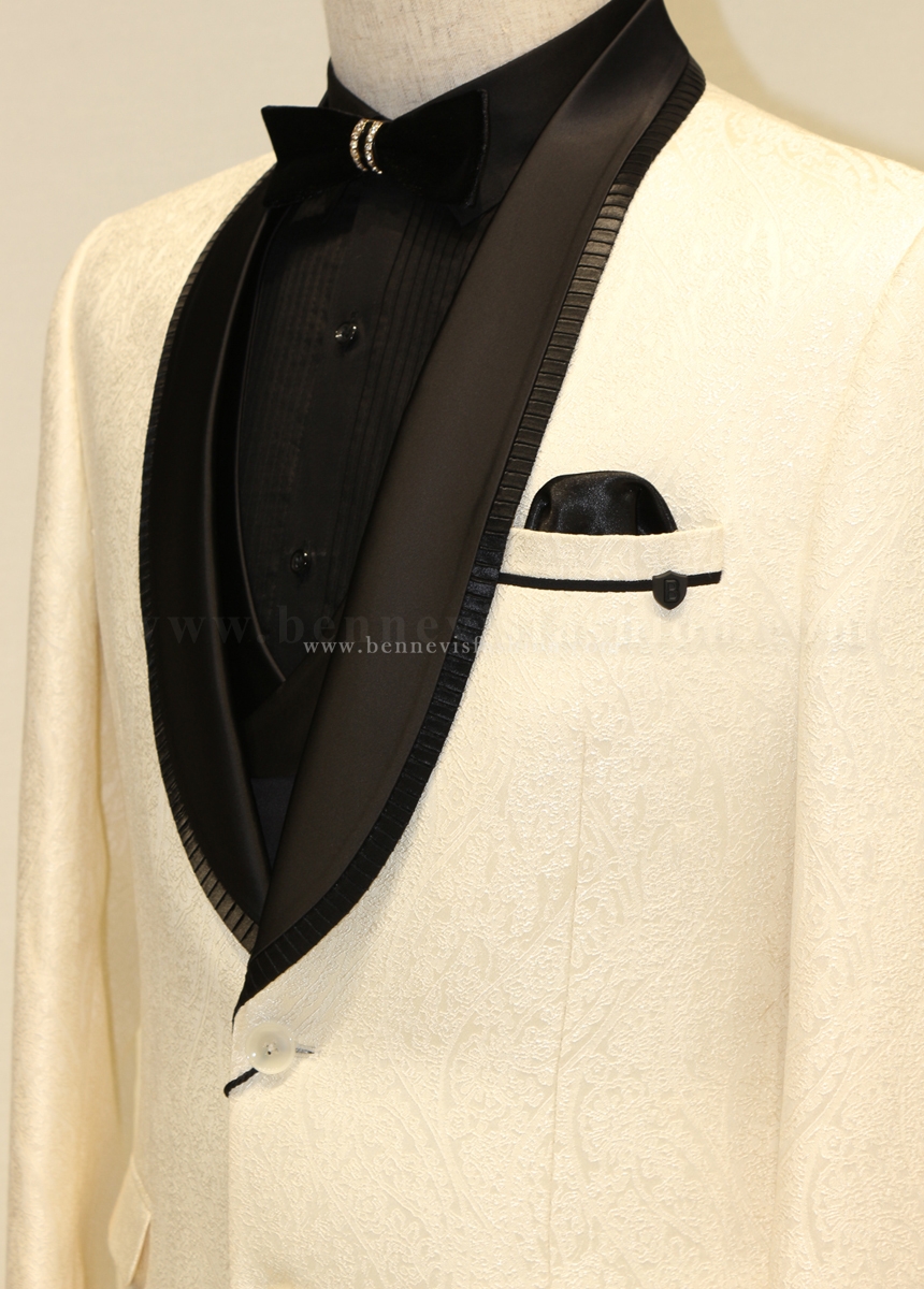 Cream White Jacquard Tuxedo for Men | Bennevis Fashion