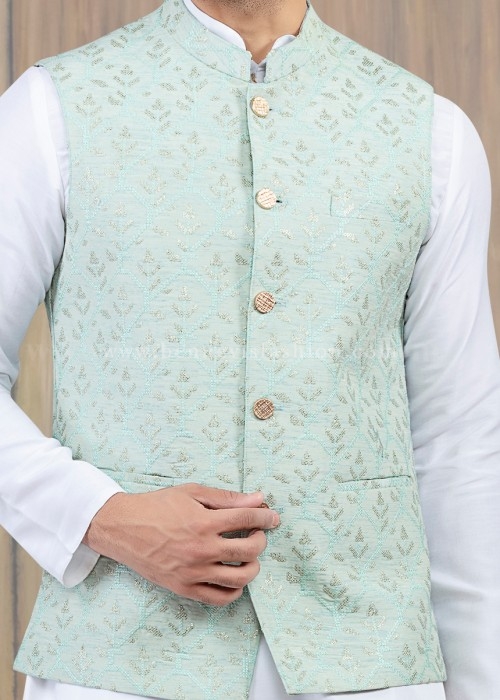 Mint Green Silk Wedding Bandi Kurta for Men | Bennevis Fashion